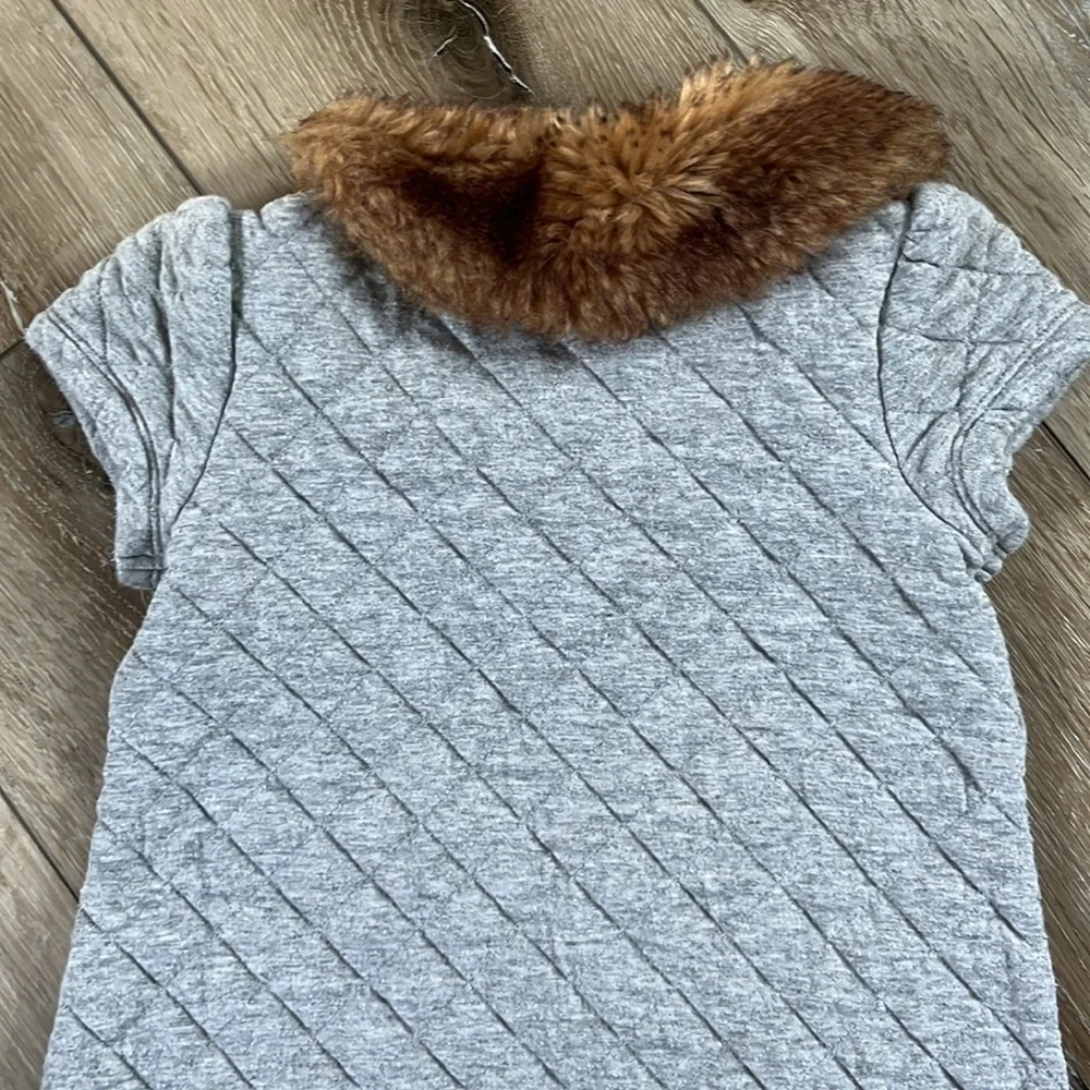 Janie & Jack Riding Lesson Faux Fur Collar Gray Quilted Shift Dress Girls Size 4